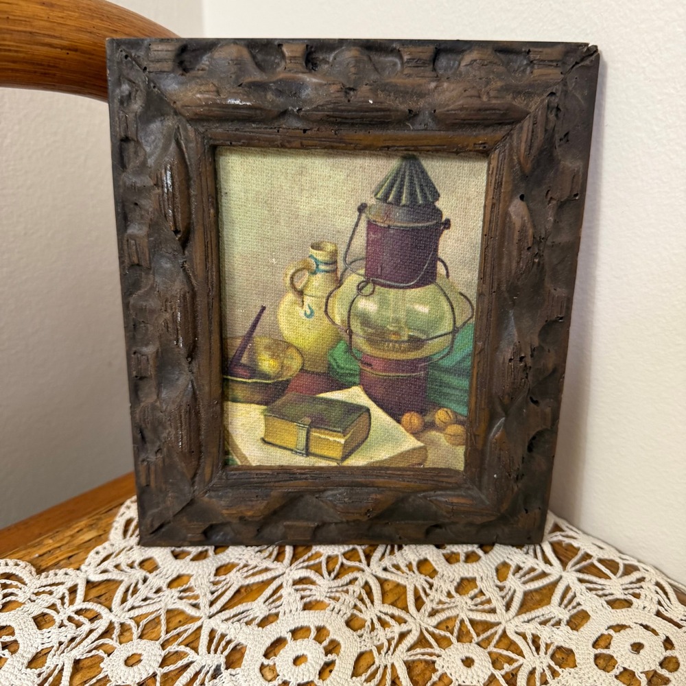 Vintage Still Life Print Ornate Carved Wood Frame 4x5 Kitchen Pitcher Jug Art